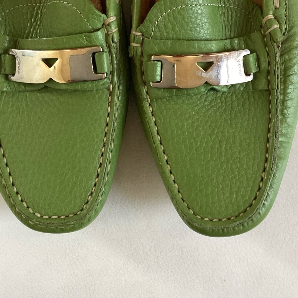 Prada Leather Pistachio Green Silver Plate Logo Mules SZ 6 - Picture 8 of 11